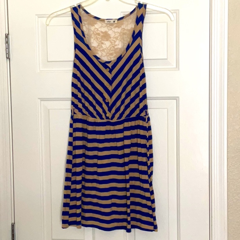 Edge, blue & cream stripes,cute cream, lacy back, full skirt summer dress.size S